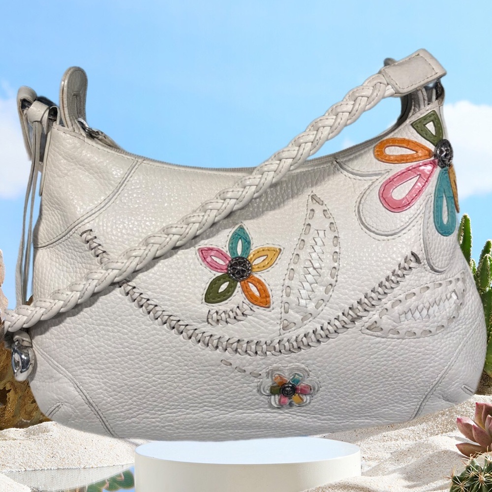 Brighton Floral embellished White Leather Bag braided handle w hangtag EUC